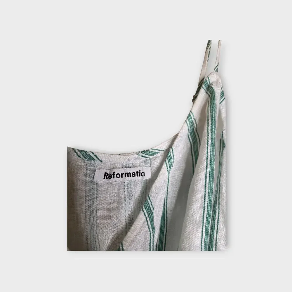 Reformation Court Linen Wrap Midi Dress Green Stripe Coastal Womens Sm - Picture 4 of 7
